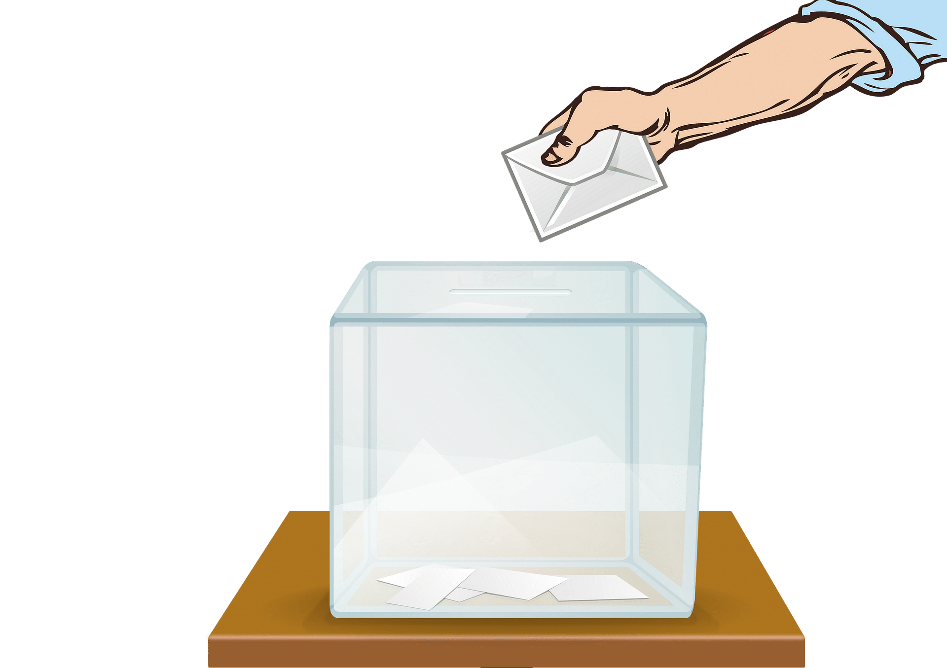 gläserne Wahlurne mit Wahlzettel und Hand